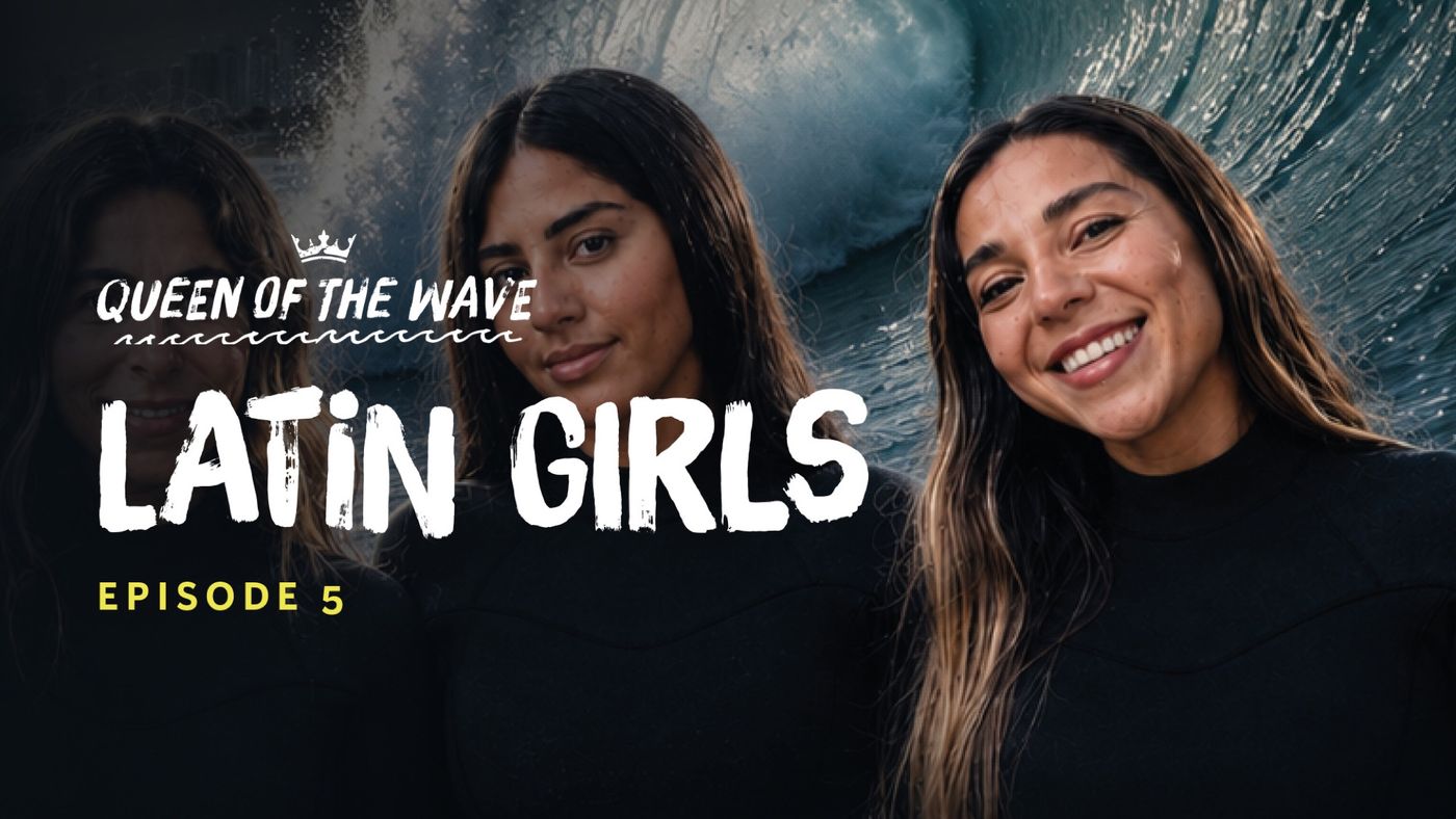 Episode 5, Latin Girls: three surfers smiling in front of a wave