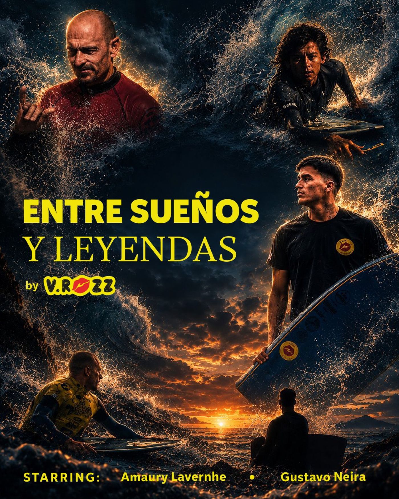 Between Dreams and Legends film poster: four surfers in a storm of spray at sunset
